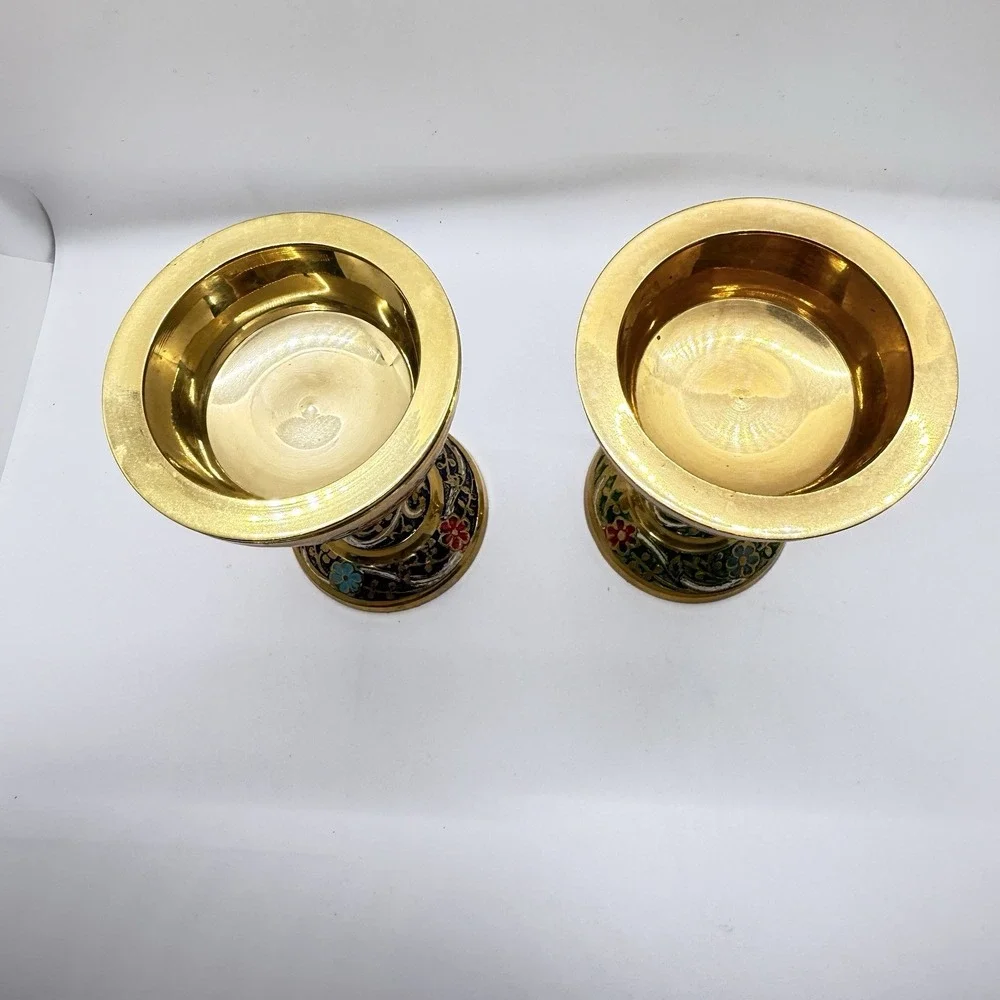Vintage Brass Meenakari Enamel Bakhoor Burners Pair Floral Chalice Altar Decor